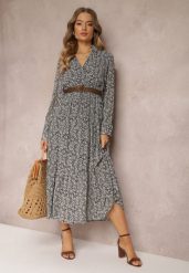Biało-Czarna Sukienka Rozkloszowana w Kwiaty z Paskiem Rakhila. Czarne sukienki damskie Renee, na co dzień, l, bez wzorów, eleganckie, bez kołnierzyka, bez ramiączek, maxi, rozkloszowane. W wyprzedaży za 104.99 zł.