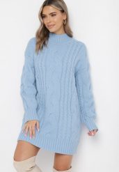 Jasnoniebieski Luźny Sweter w Warkoczykowy Splot Sentlia. Niebieskie swetry klasyczne damskie Born2be, ze splotem, bez kołnierzyka. Za 189.99 zł.