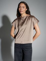 OPUS Bluzka w kolorze szarobrązowym rozmiar: 36. Brązowe bluzki damskie Opus, bez wzorów, z satyny, bez kołnierzyka, bez ramiączek. Za 122.09 zł.