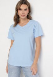 Jasnoniebieski Bawełniany T-shirt z Trójkątnym Dekoltem Nelirna. Niebieskie t-shirty damskie Born2be, l, bez wzorów, z bawełny, bez kołnierzyka. Za 34.99 zł.