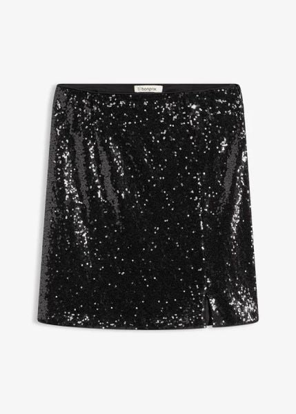 Spódnica mini zdobiona cekinami. Czarne spódniczki damskie bonprix, z aplikacjami, eleganckie, mini. Za 127.99 zł.