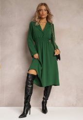 Zielona Koszulowa Sukienka Midi z Gumką w Pasie Natelin. Zielone sukienki damskie Renee, s, bez wzorów, eleganckie, bez kołnierzyka, bez ramiączek, midi, koszulowe. Za 59.99 zł.