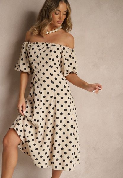 Beżowa Sukienka Hiszpanka Vices w Kropki o Rozkloszowanym Kroju Zilua. Brązowe sukienki damskie Renee, na spotkanie biznesowe, l, bez wzorów, z materiału, retro, bez kołnierzyka, bez ramiączek, midi, rozkloszowane. Za 119.99 zł.