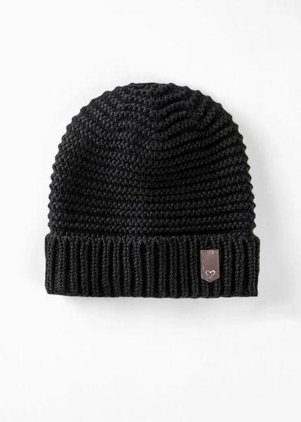 Czapka z dzianiny z aplikacją. Czarne czapki zimowe damskie bonprix, z dzianiny. Za 59.99 zł.