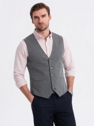 Dopasowana elegancka kamizelka męska ze strukturalnej dzianiny – grafitowa V3 OM-BLZV-0147 - XXL. Szare kamizelki męskie Ombre Clothing, l, z bawełny. Za 143.99 zł.