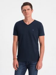 T-shirt męski V-NECK z elastanem - granatowy V2 OM-TSCT-0106 - XXL. Niebieskie t-shirty męskie Ombre Clothing, l, bez wzorów, z bawełny, bez kołnierzyka. W wyprzedaży za 39.99 zł.