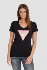 GUESS Czarny t-shirt Satin Triangle Tee. Czarne t-shirty damskie Guess, s, z aplikacjami, bez kołnierzyka. W wyprzedaży za 90.99 zł.
