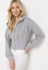 Szara Bluza z Szerokim Ściągaczem w Talii i Kapturem Zapinana na Suwak Itravea. Szare bluzy z kapturem damskie Born2be, na wiosnę, l. Za 54.99 zł.
