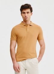 PAKO LORENTE – Gładki t-shirt polo w pomarańczowym kolorze. Brązowe koszulki polo męskie Pako Lorente, m, bez wzorów, z bawełny, bez ramiączek. Za 99.99 zł.