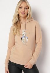 Beżowa Bluza z Kapturem i Nadrukiem Diames. Brązowe bluzy z kapturem damskie Born2be, l, z polaru. Za 84.99 zł.
