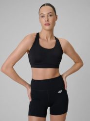 4F Biustonosz treningowy ze średnim wsparciem damski - czarny M. Czarne biustonosze sportowe damskie 4f, bez wzorów, z gumy. Za 179.99 zł.