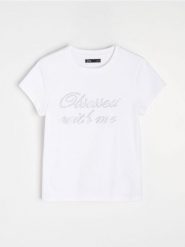 Bawełniana koszulka z błyszczącym napisem "Obsessed with me" - biały. Białe t-shirty damskie Sinsay, l, bez wzorów, z bawełny, bez kołnierzyka. Za 25.99 zł.