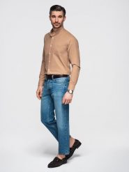 Lniana koszula męska ze stójką i kieszenią REGULAR FIT – jasnobrązowa V7 - Rozmiar: L. Brązowe koszule męskie Ombre Clothing, na lato, l, bez wzorów, z bawełny, bez kołnierzyka, bez ramiączek. Za 219.99 zł.