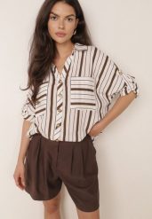 Brązowa Letnia Koszula Oversize z Bawełny w Paski z Nietoperzowymi Rękawami Sheilla. Brązowe koszule damskie Born2be, na lato, bez wzorów, z bawełny, eleganckie, bez kołnierzyka, bez ramiączek. Za 99.99 zł.
