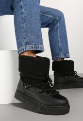 Czarne Śniegowce Futerkowe na Platformie ze Sznurowaną Cholewką Izalithia. Czarne śniegowce damskie Renee, z futra. Za 99.99 zł.