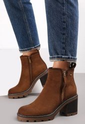 Ciemnobrązowe Botki na Słupku Boho z Suwakiem Kodra. Brązowe botki damskie Renee, boho, za kostkę, bez obcasa, na obcasie, bez zapięcia. Za 139.99 zł.
