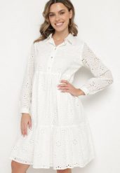 Biała Bawełniana Sukienka Ozdobiona Haftem Folira. Białe sukienki damskie Born2be, na co dzień, l, bez wzorów, z bawełny, eleganckie, bez kołnierzyka, bez ramiączek, midi. W wyprzedaży za 119.99 zł.