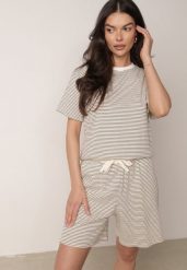 Kremowo-Czarne Bawełniane Szorty Dresowe w Drobne Paseczki Wiązane na Sznurki Loregune. Brązowe szorty damskie Born2be, bez wzorów, z bawełny, eleganckie. Za 59.99 zł.