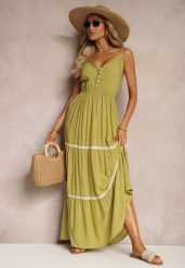 Jasnozielona Sukienka Zapinana na Guziki na Ramiączkach z Gumką w Talii i Falbanką Tiamalia. Zielone sukienki damskie Renee, na imprezę, l, bez wzorów, eleganckie, bez kołnierzyka, bez ramiączek, maxi. W wyprzedaży za 38.49 zł.