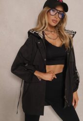 Czarna Kurtka Typu Parka z Troczkami w Talii Kapturem i Kieszeniami Kaivara. Czarne kurtki damskie Renee, l, bez wzorów, z materiału. Za 299.99 zł.