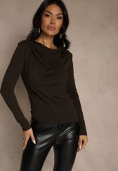 Brązowa Bluzka Longsleeve o Asymetrycznym Kroju z Poduszkami w Ramionach Tusandia. Brązowe bluzki damskie Renee, m, bez wzorów, z jeansu, biznesowe, z asymetrycznym kołnierzem, bez ramiączek. Za 89.99 zł.