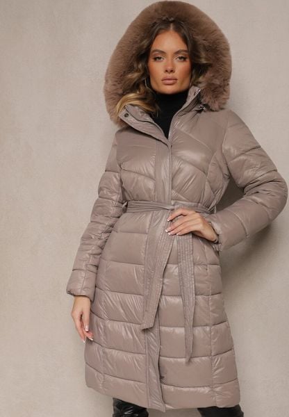 Beżowa Długa Kurtka Pikowana z Odpinanym Kapturem Ozdobionym Futerkiem i Paskiem Iveleti. Brązowe kurtki damskie Renee, l, bez wzorów, z jeansu. Za 129.99 zł.
