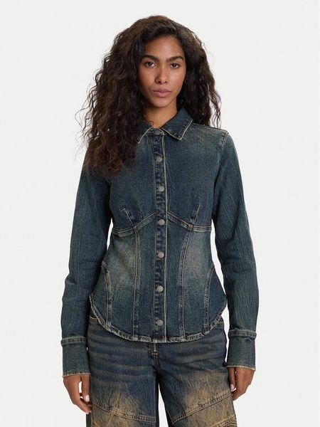 Guess Jeans Koszula jeansowa W5BH47 D4ON3 Granatowy Regular Fit. Niebieskie koszule damskie Guess Jeans, l, z aplikacjami, z bawełny, bez kołnierzyka, bez ramiączek. Za 329.99 zł.