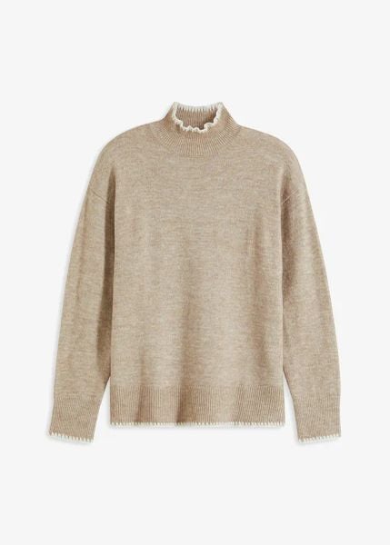 Sweter ze stójką. Brązowe swetry klasyczne damskie bonprix, bez kołnierzyka. Za 124.99 zł.