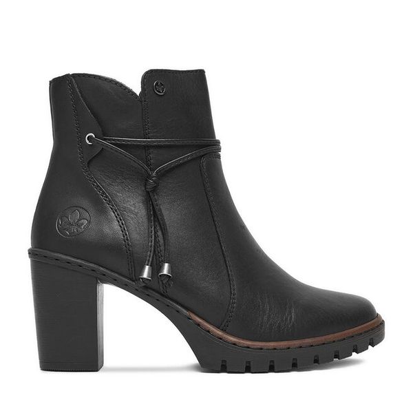 Botki Rieker. Czarne botki damskie Rieker, bez obcasa, na słupku, bez zapięcia. Za 399.99 zł.