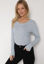 Niebieska Bluzka Typu Longsleeve z Geometrycznym Wzorem Unila. Niebieskie bluzki damskie Born2be, l, bez wzorów, z jeansu, biznesowe, bez kołnierzyka, bez ramiączek. Za 44.99 zł.
