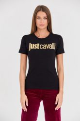 JUST CAVALLI Czarny t-shirt Logo Gold. Czarne t-shirty damskie Just Cavalli, s, bez wzorów, bez kołnierzyka. W wyprzedaży za 309.99 zł.
