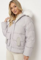 Jasnoszara Kurtka Pikowana z Odpinanym Futerkiem Nomizia. Szare kurtki damskie Born2be, plus size, bez wzorów, z dzianiny, bez kaptura. Za 199.99 zł.