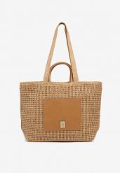 Ciemnobeżowa Pleciona Torebka Shopper z Metaliczną Ozdobą Feleriona. Brązowe shopper bag damskie Born2be, z aplikacjami, z jeansu, bez dodatków. Za 89.99 zł.