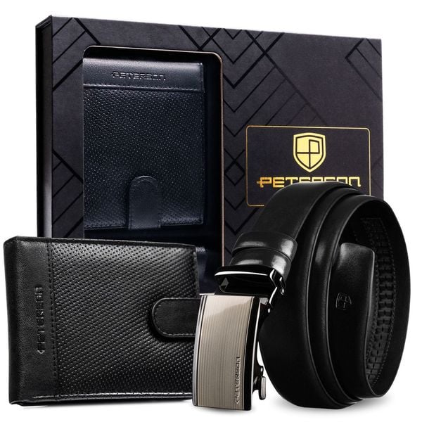 Zestaw prezentowy: duży, czarny portfel męski na zatrzask i pasek ze skóry naturalnej z automatyczną klamrą - Peterson. Czarne paski męskie Peterson, bez wzorów, ze skóry. Za 133.99 zł.