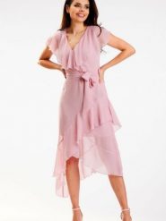 Sukienka Model A574 Dirty Pink - awama. Różowe sukienki damskie Awama, na imprezę, na lato, l, z aplikacjami, z bawełny, eleganckie, z asymetrycznym kołnierzem, bez ramiączek, asymetryczne. Za 407.87 zł.
