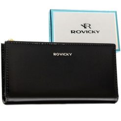Czarny, duży portfel damski ze skóry ekologicznej zamykany suwakiem i zatrzaskiem - Rovicky. Czarne portfele damskie ROVICKY, bez wzorów, ze skóry ekologicznej. Za 69.99 zł.