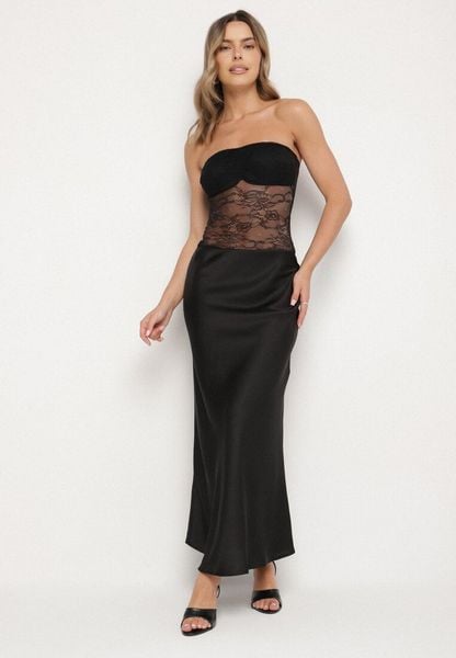 Czarna Sukienka Koktajlowa z Wiskozą o Dopasowanym Kroju z Koronką Wstawką Nilanella. Czarne sukienki damskie Born2be, m, bez wzorów, z koronki, eleganckie, bez kołnierzyka, bez ramiączek, maxi, dopasowane. Za 89.99 zł.