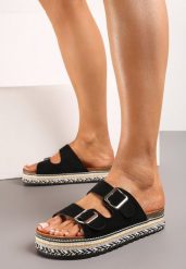 Czarne Klapki na Grubej Podeszwie w Stylu Boho z Regulowanymi Klamrami Illestra. Czarne klapki damskie Born2be, z aplikacjami, bez obcasa, na płaskiej podeszwie. Za 79.99 zł.