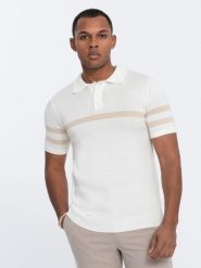 Męska koszulka polo z miękkiej dzianiny z kontrastowymi pasami - kremowa V3 OM-POSS-0118 - XXL. Białe koszulki polo męskie Ombre Clothing, l, bez wzorów, z dzianiny, bez ramiączek. W wyprzedaży za 89.99 zł.