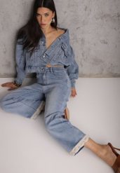 Niebieskie Jeansy z Bawełną i Koronką przy Nogawkach Neathlin. Niebieskie jeansy damskie Renee, z podwyższonym stanem. Za 109.99 zł.