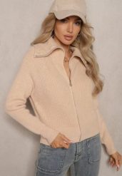 Beżowy Kardigan z Wełną o Kroju z Golfem i Zapięciem na Zamek Zinfria. Brązowe kardigany damskie Renee, bez wzorów, z dzianiny. Za 109.99 zł.