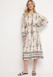 Jasnobeżowa Sukienka we Wzory Boho Pudełkowa z Paskiem w Talii Lisanea. Brązowe sukienki damskie Born2be, na co dzień, bez wzorów, z materiału, boho, bez kołnierzyka, bez ramiączek, midi, w kształcie a. W wyprzedaży za 87.99 zł.