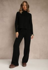 Czarny Komplet z Prążkowanej Dzianiny Spodnie Wide Leg i Sweter ze Stójką Feniria. Czarne golfy damskie Renee, bez wzorów, z dzianiny. Za 159.99 zł.