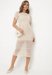 Beżowa Ażurowa Sukienka z Wiskozą Zoriena. Brązowe sukienki damskie Born2be, na co dzień, w ażurowe wzory, z wiskozy, eleganckie, bez kołnierzyka, bez ramiączek, midi, kopertowe. W wyprzedaży za 143.99 zł.