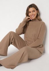 Ciemnobeżowy Dzianinowy Komplet z Bawełną i Wełną Długi Sweter i Szerokie Spodnie Reinesa. Brązowe swetry klasyczne damskie Born2be, l, z bawełny, bez kołnierzyka. Za 139.99 zł.