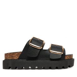 Klapki DeeZee. Czarne klapki damskie DeeZee, bez wzorów, bez obcasa. Za 139.99 zł.