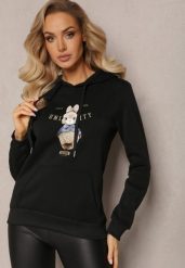 Czarna Ocieplana Bluza z Ozdobnym Nadrukiem i Kapturem Hitee. Czarne bluzy z kapturem damskie Renee, l, z dzianiny. Za 79.99 zł.