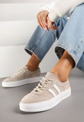 Beżowe Sneakersy Tenisówki ze Skóry Naturalnej na Niskiej Platformie Eleadria. Brązowe trampki i tenisówki damskie Renee, bez wzorów, z jeansu. Za 189.99 zł.