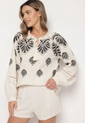 Beżowa Bawełniana Bluzka ze Wzorem Boho Nilowena. Brązowe bluzki damskie Born2be, l, z aplikacjami, z bawełny, boho, bez kołnierzyka, bez ramiączek. Za 139.99 zł.