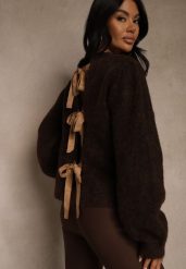 Brązowy Kardigan z Wełną Zdobiony Bufiastymi Rękawami i Wiązaniem na Plecach Tusfina. Brązowe kardigany damskie Renee, l, z aplikacjami, z satyny. Za 119.99 zł.